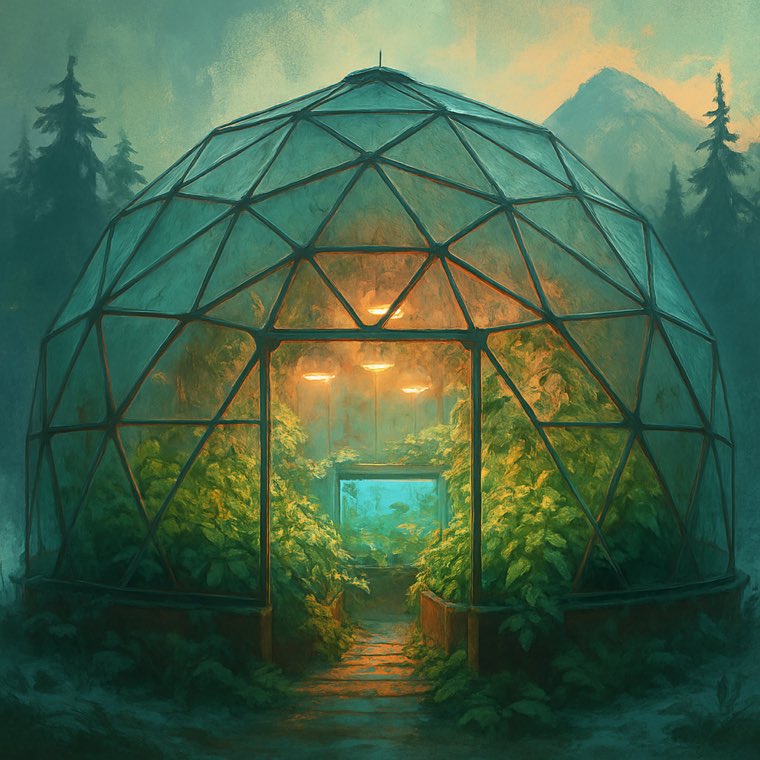 A thriving greenhouse interior full of plants and fish
