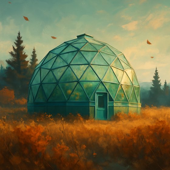 The greenhouse dome in an amber autumn field