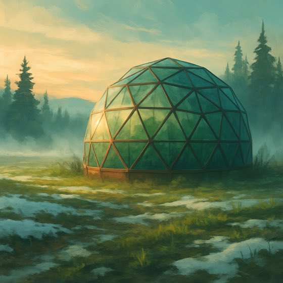 The greenhouse dome on a thawing spring morning