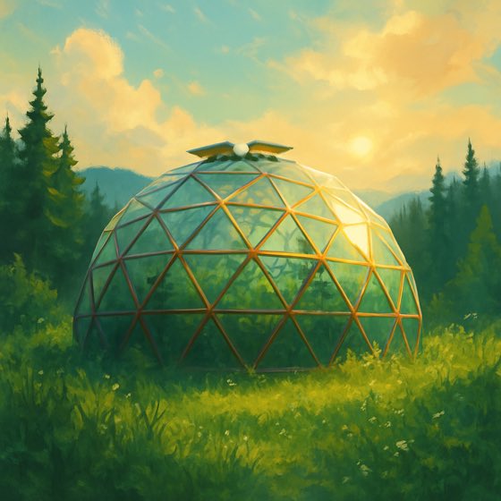 The greenhouse dome in a lush green summer field