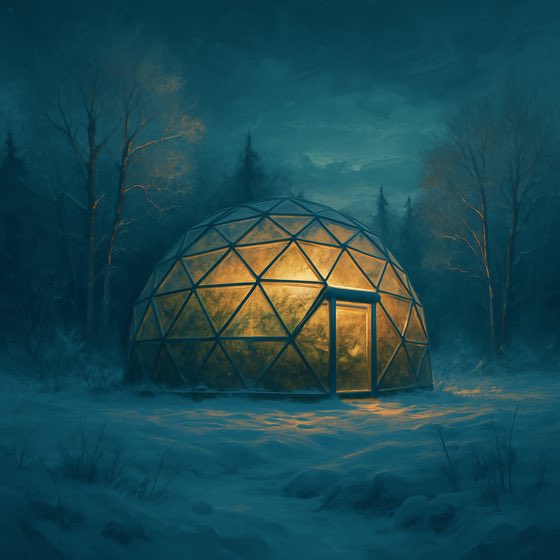 The greenhouse dome glowing on a snowy winter night
